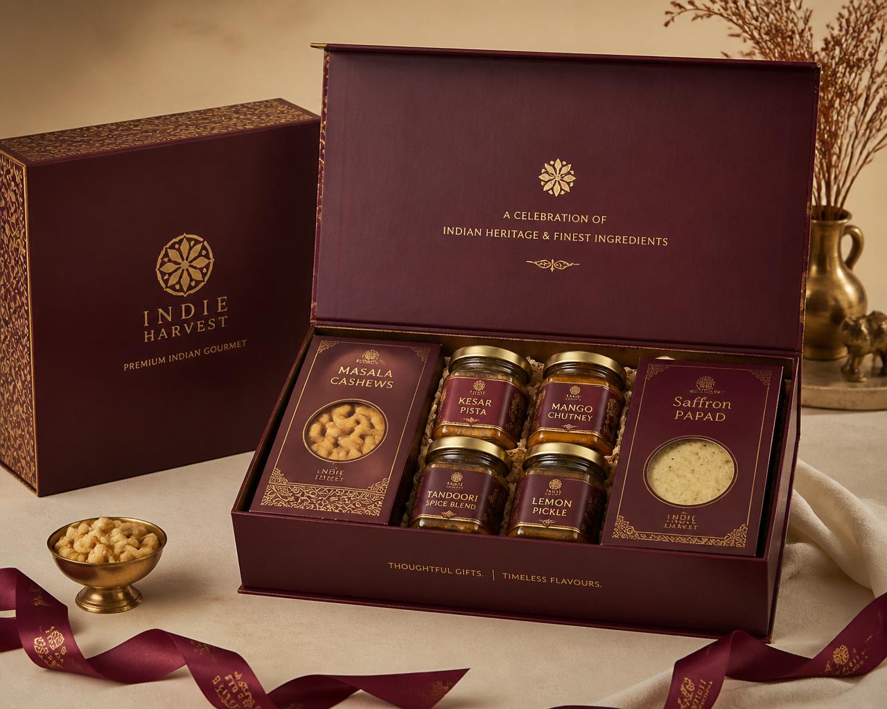 Luxury Kewal Baa corporate gifting box in maroon and gold