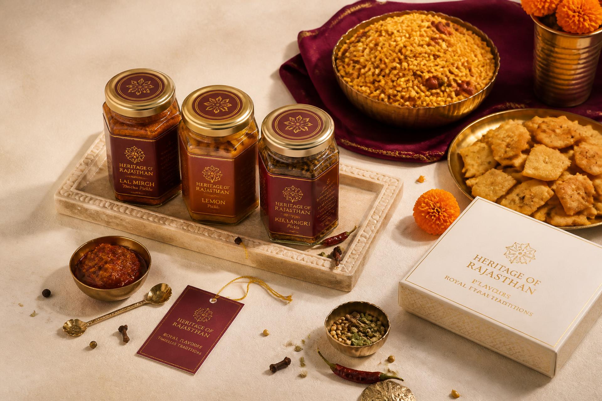 Handcrafted Kewal Baa pickles and namkeen arranged with marigolds and brass