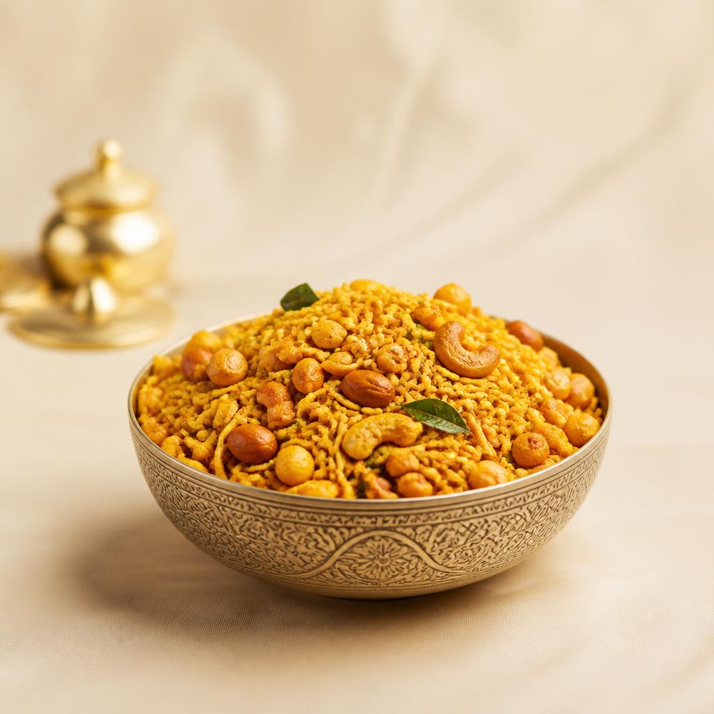 Premium Kewal Baa namkeen served in an engraved brass bowl